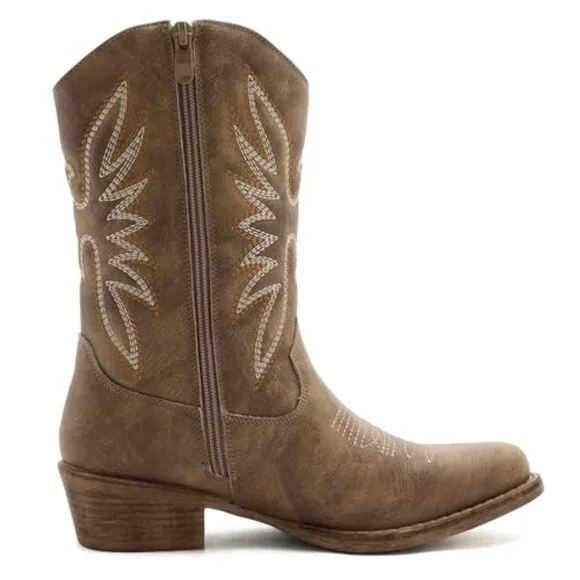 Women's Western Cowgirl Boots Chunky Low Heel Square Toe Vegan Leather - Picture 4 of 8